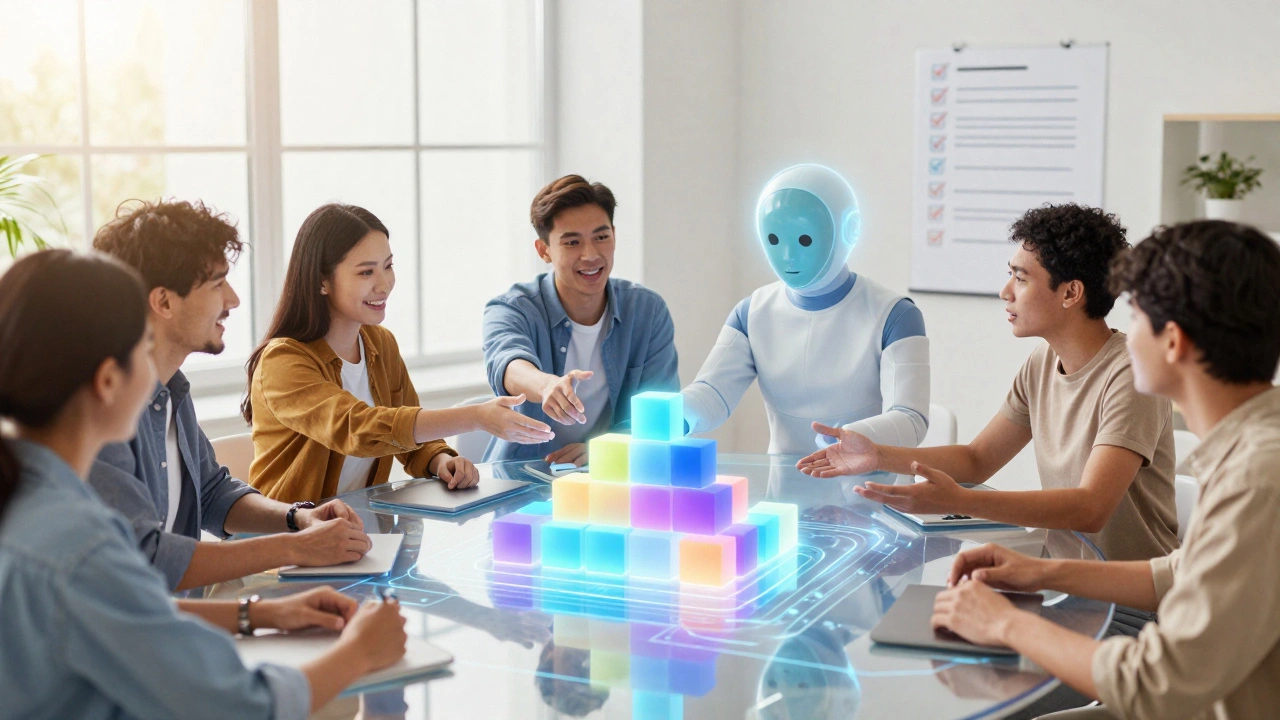 A diverse group of editors collaboratively building knowledge with AI assistance in a bright, welcoming space.