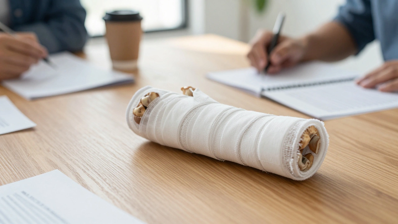 A medical cast on a broken bone symbolizing temporary page protection on a desk.