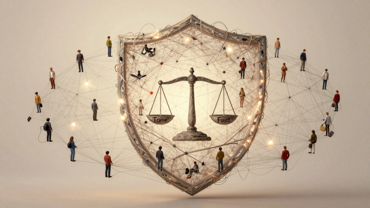 A network of editors forming a shield around a balanced scale of facts and tone.