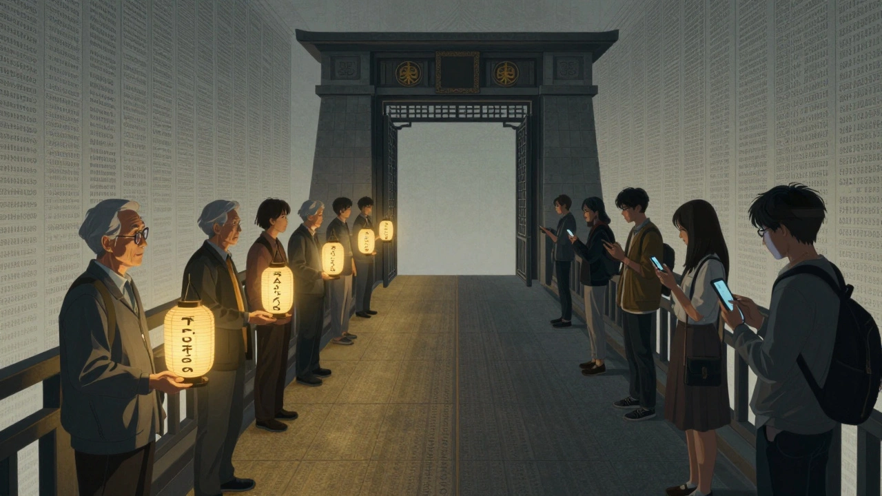 Abstract art showing older editors guiding younger users through a gate of tradition.