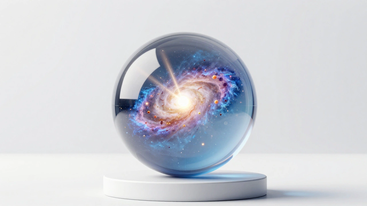 Abstract glass sphere with swirling data particles symbolizing transparency and trust in editing.