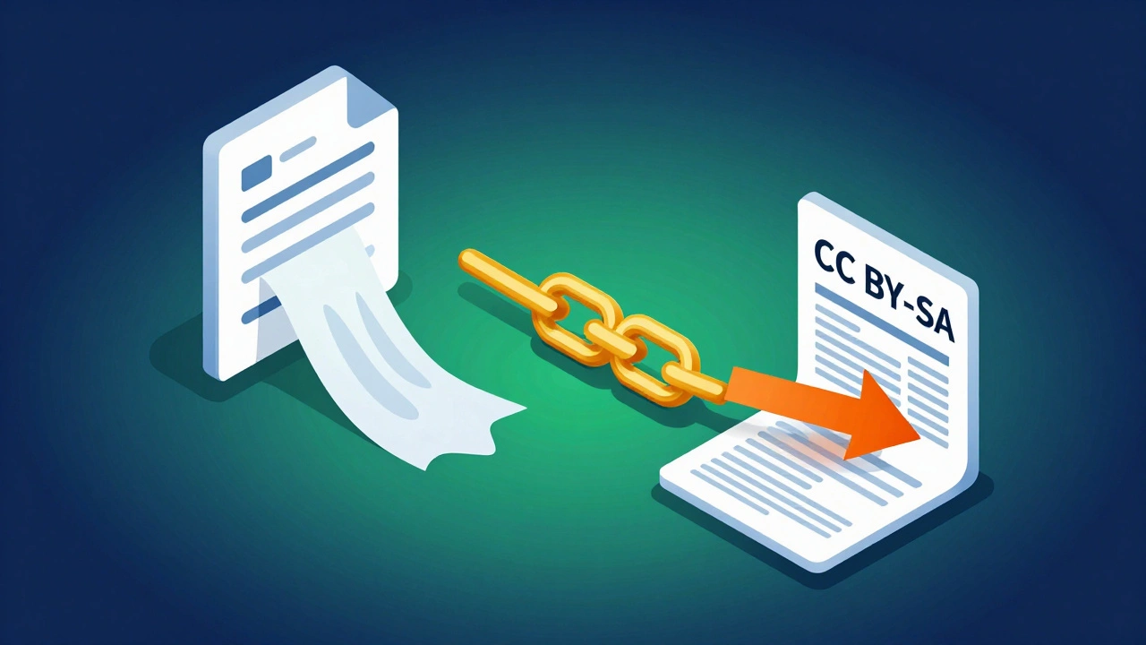 Abstract graphic illustrating CC BY-SA license compatibility and cross-posting rules between platforms.