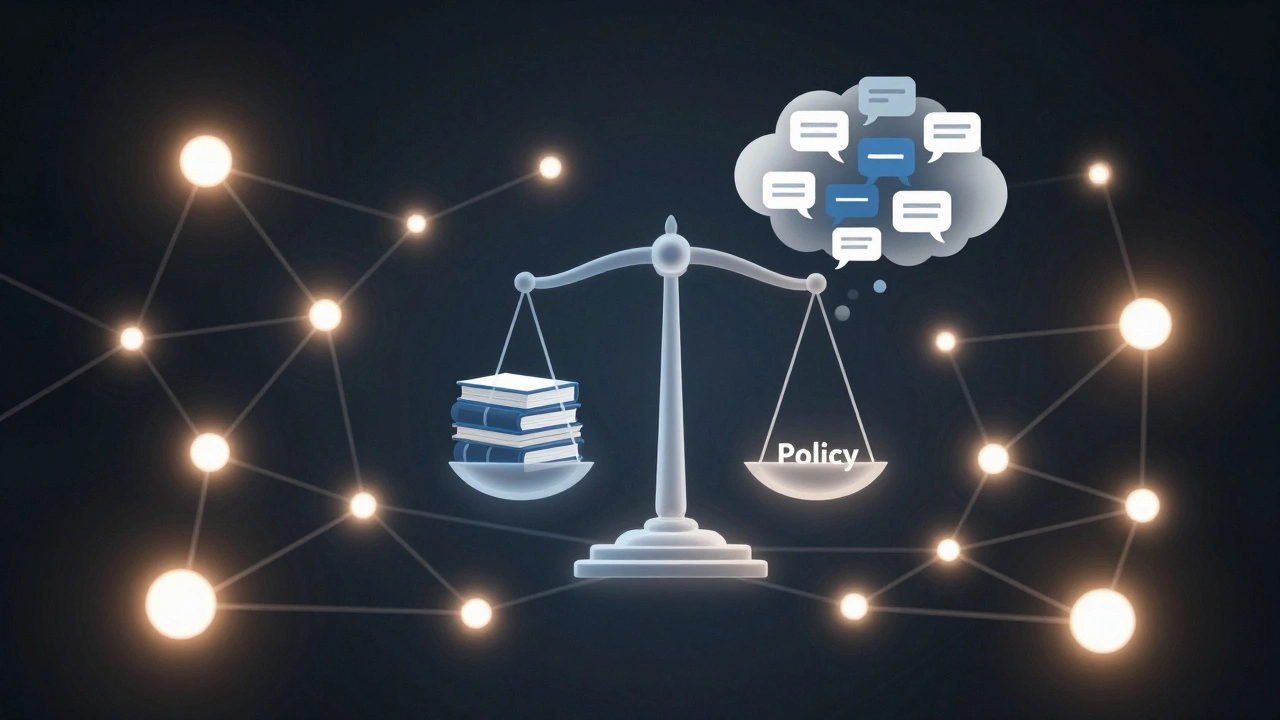 Abstract network diagram showing conflict and policy enforcement in online communities.