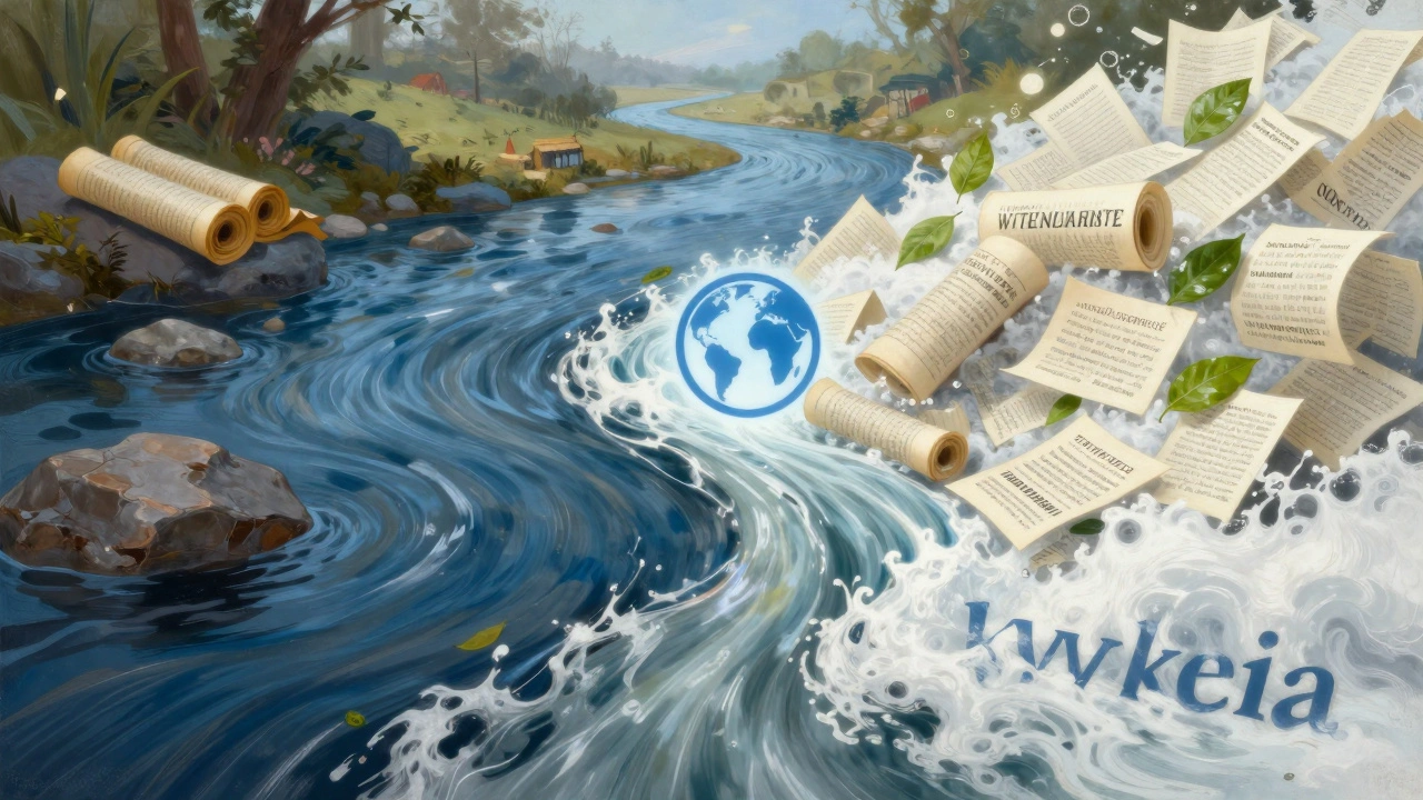 Abstract rivers merging into a neutral stream representing Wikipedia consensus