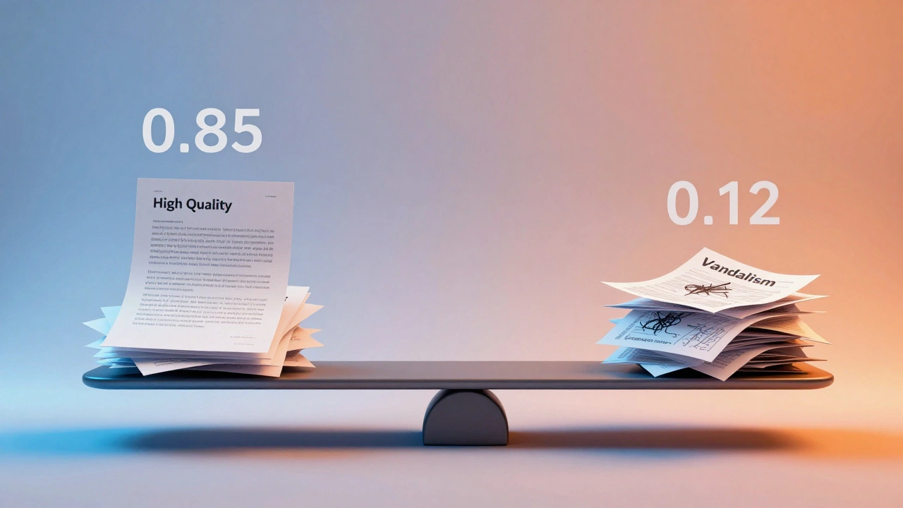 Abstract scale balancing cited documents against vandalism, with floating probability scores