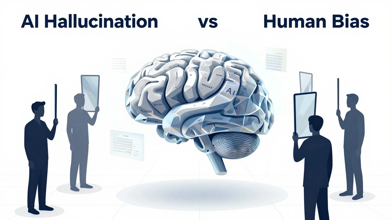 Abstract visualization of AI hallucinations and human biases in information