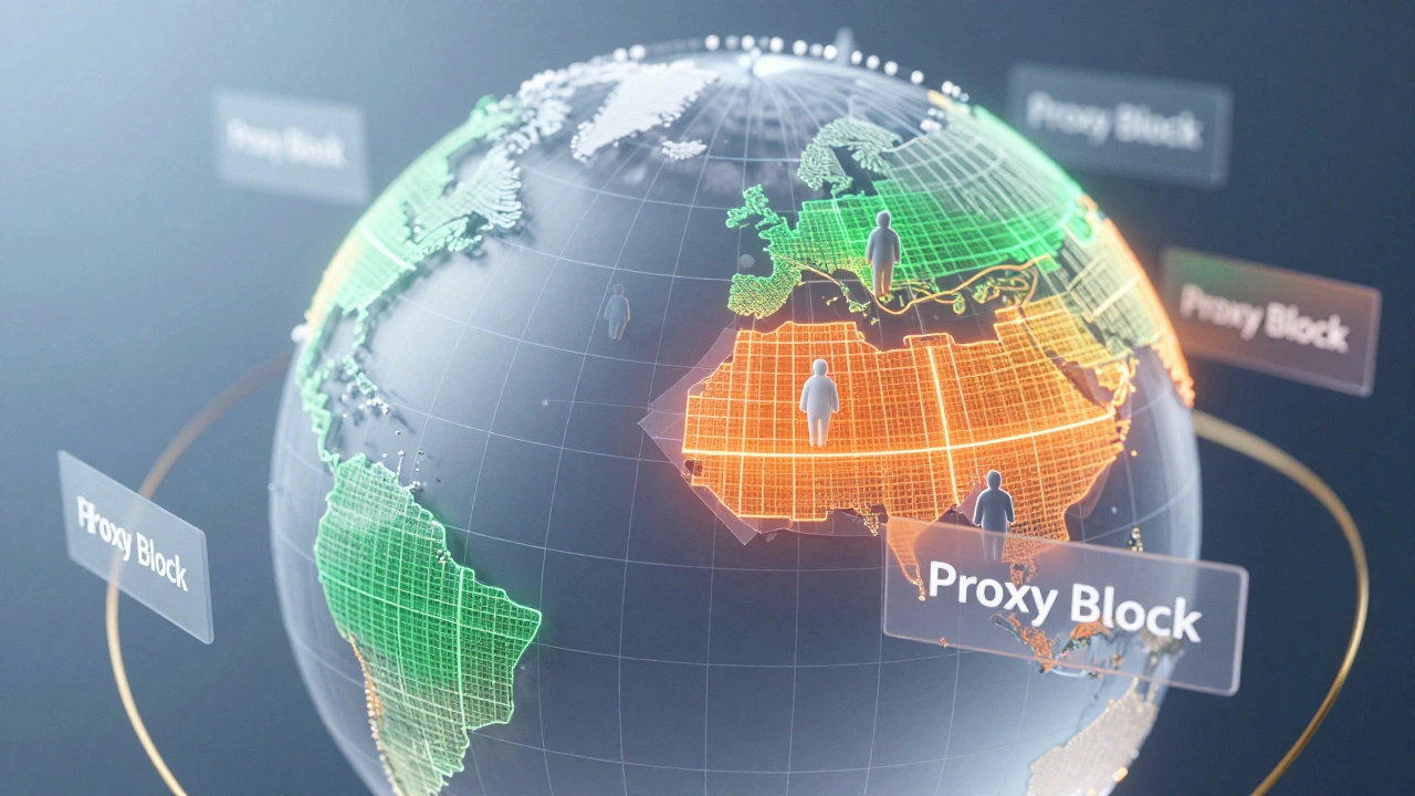 Abstract visualization of IP ranges and proxy blocks surrounding a globe.