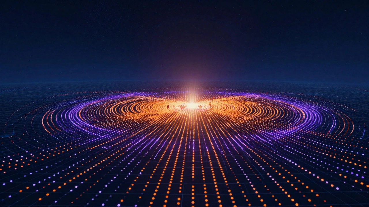 Abstract visualization of thousands of voters converging for a global democratic decision.