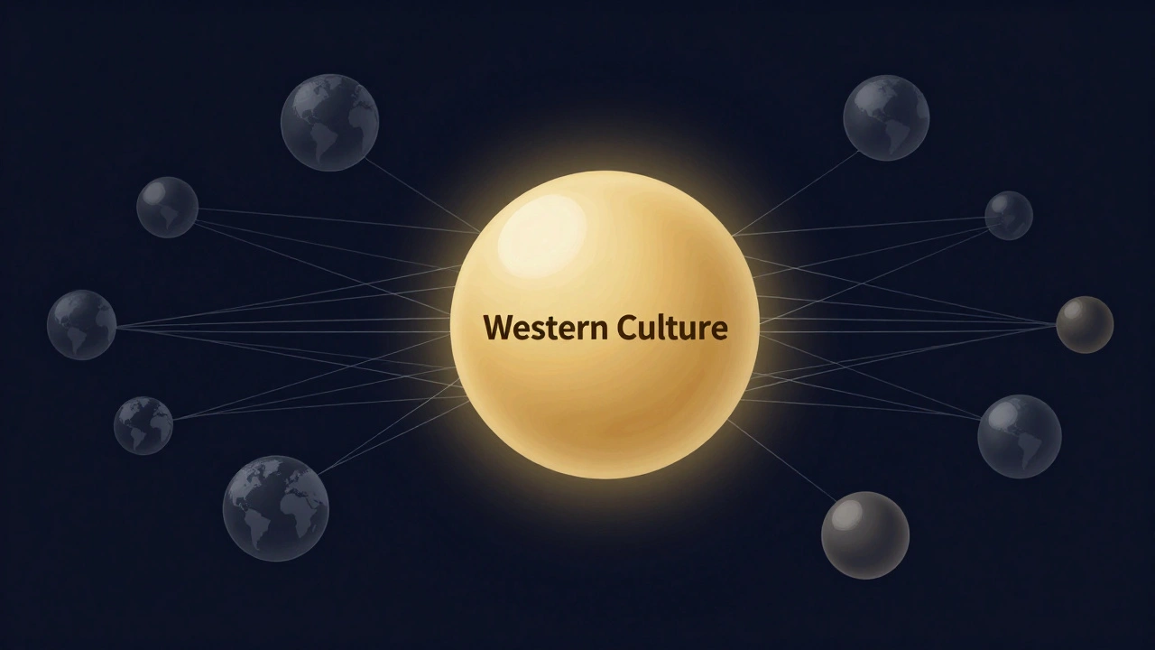 Abstract visualization of Western cultural dominance in online knowledge networks with isolated peripheral nodes.