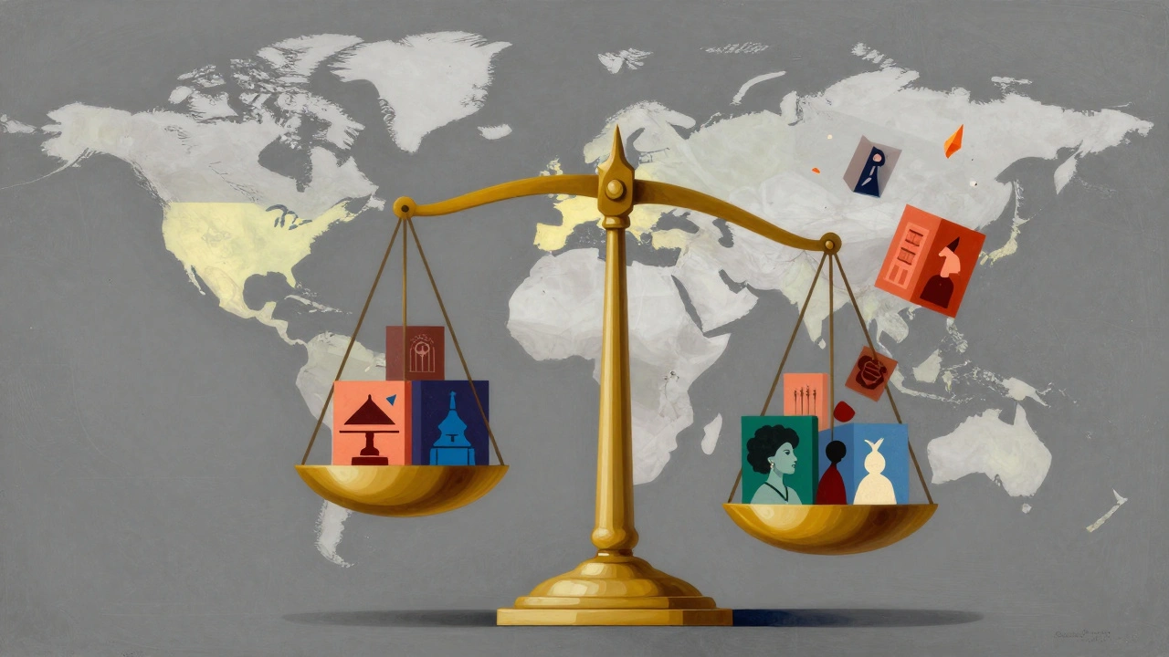 An unbalanced scale showing Western topics weighing down against crumbling diverse cultural contributions.
