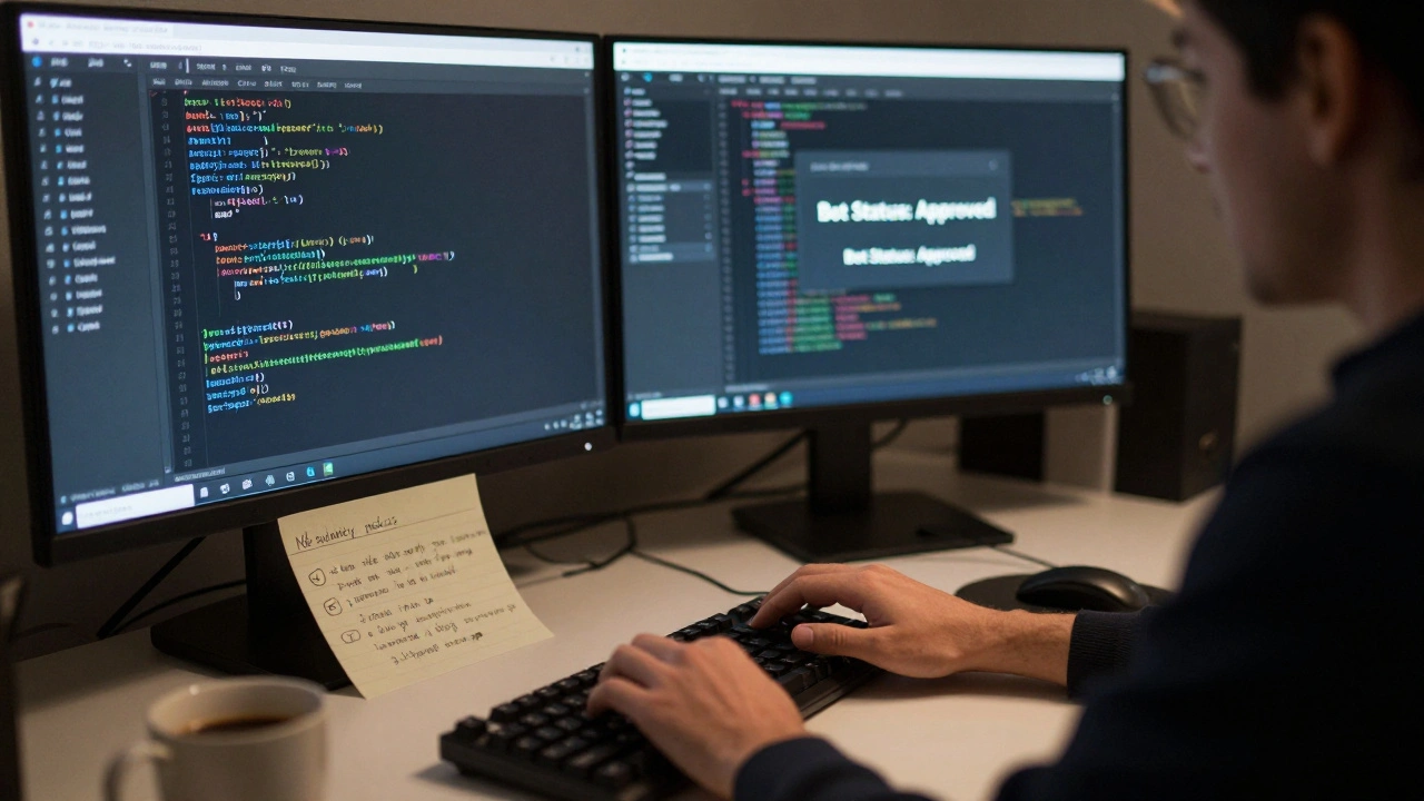 Close-up of a bot operator coding scripts for Wikipedia in a focused home office environment.