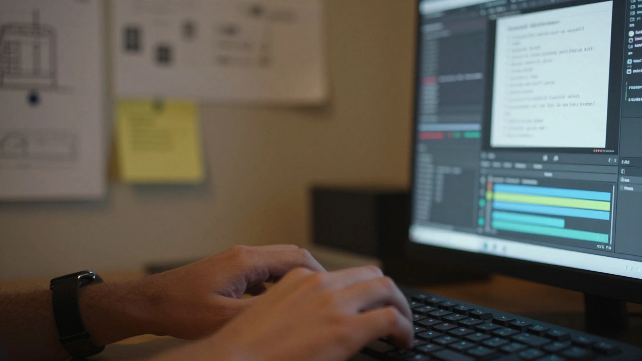 Close-up of hands typing on keyboard with research notes in background.