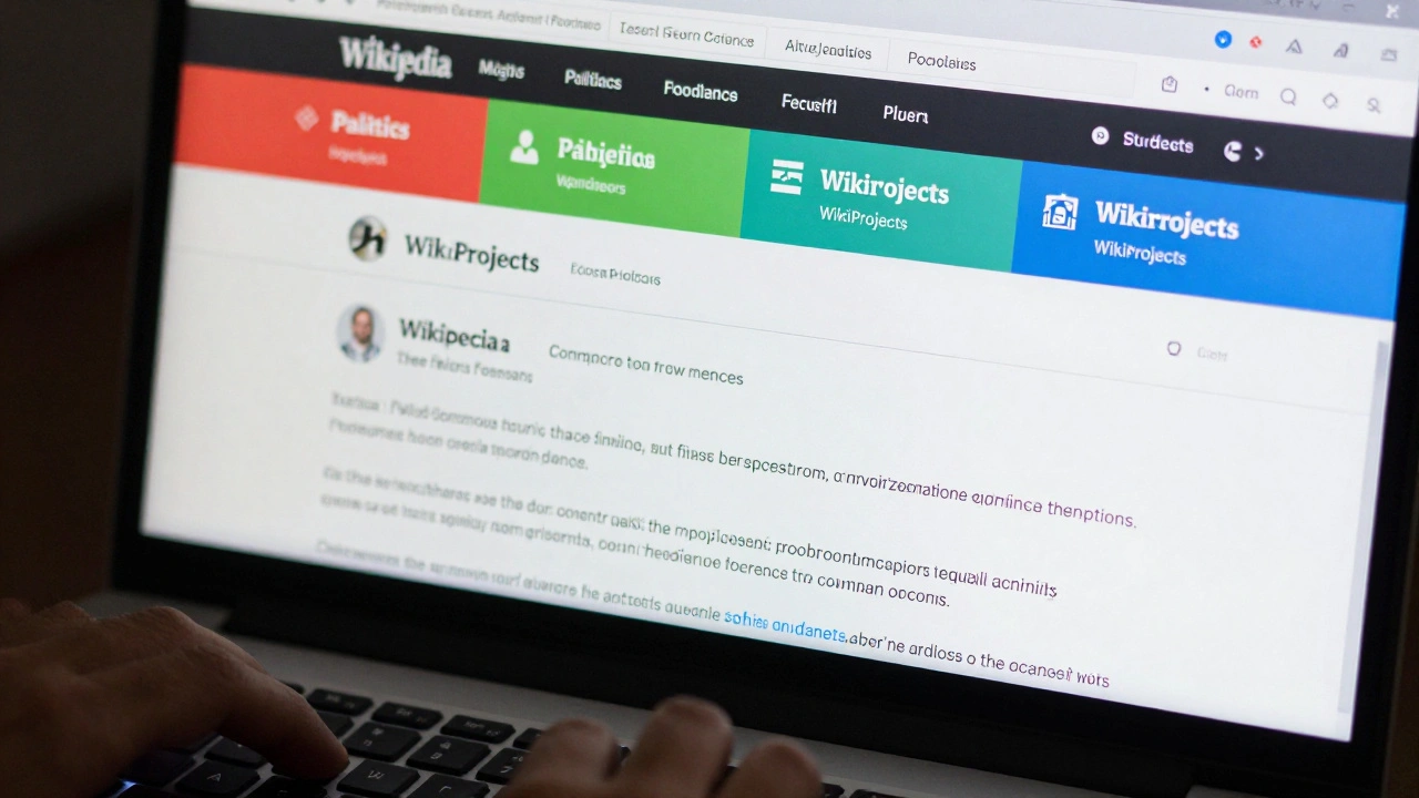 Close-up of hands typing with Wikipedia project banner tags visible on a computer screen.