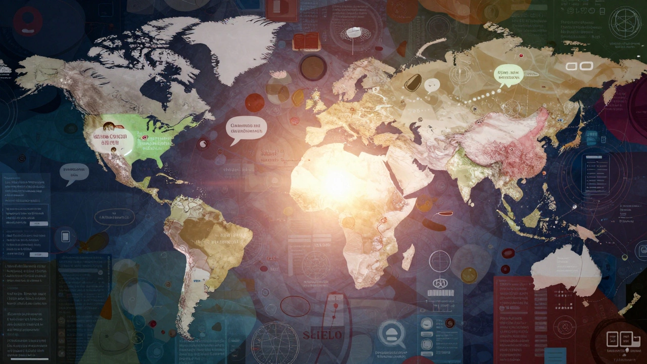 Collage of global maps and diverse language symbols