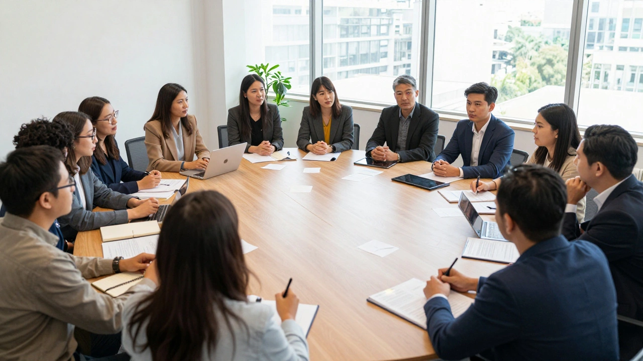 Committee members discussing draft texts at a round table in a bright, transparent meeting room.