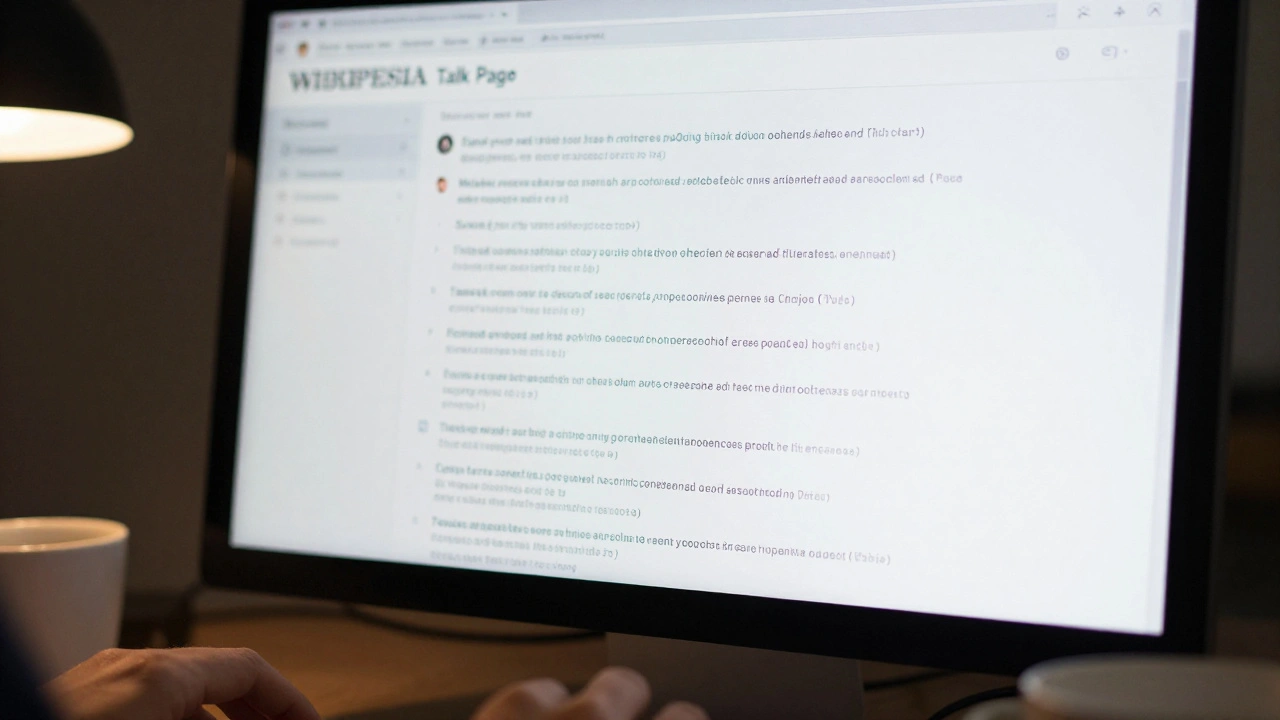 Computer screen showing a blurred Wikipedia talk page discussion