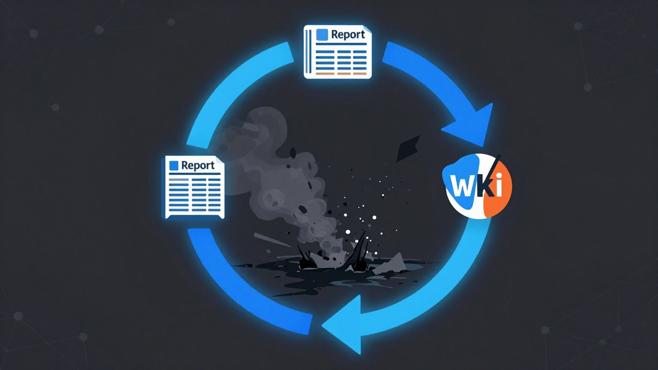 Conceptual graphic illustrating the circular loop of self-referential citation in media.
