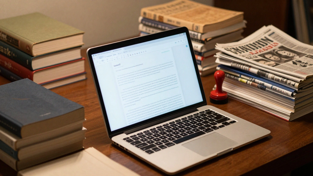 Desk with books and newspapers surrounding a laptop, symbolizing strict sourcing rules.