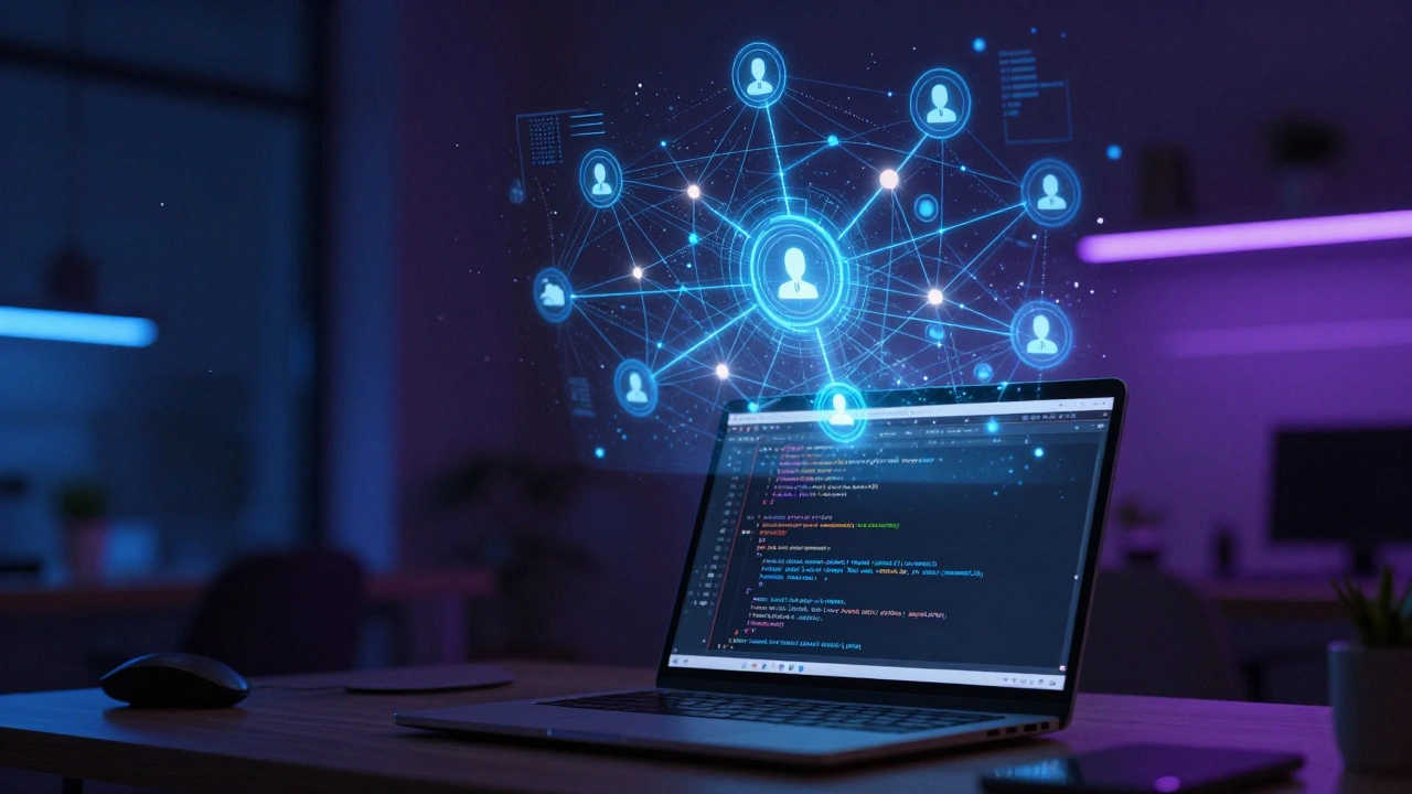 Developer workspace with holographic AI data visualization