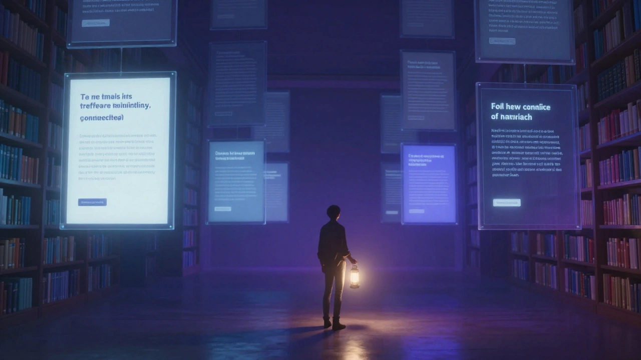Digital art of a knowledge library where verified, open-licensed content glows brightly among others.