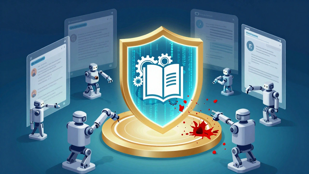 Digital art showing bots and systems protecting Wikipedia content from vandalism.