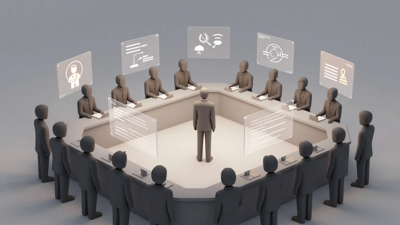 Digital courtroom scene representing the intense peer review process