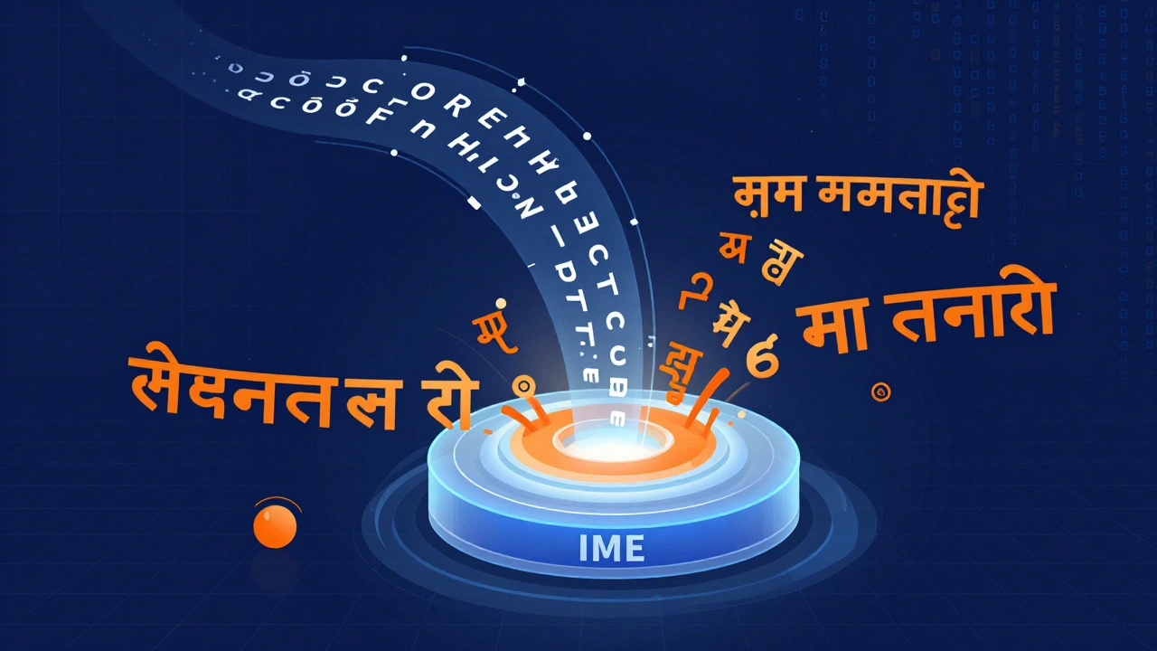 Digital illustration showing phonetic text converting into Chinese and Hindi scripts via IME.