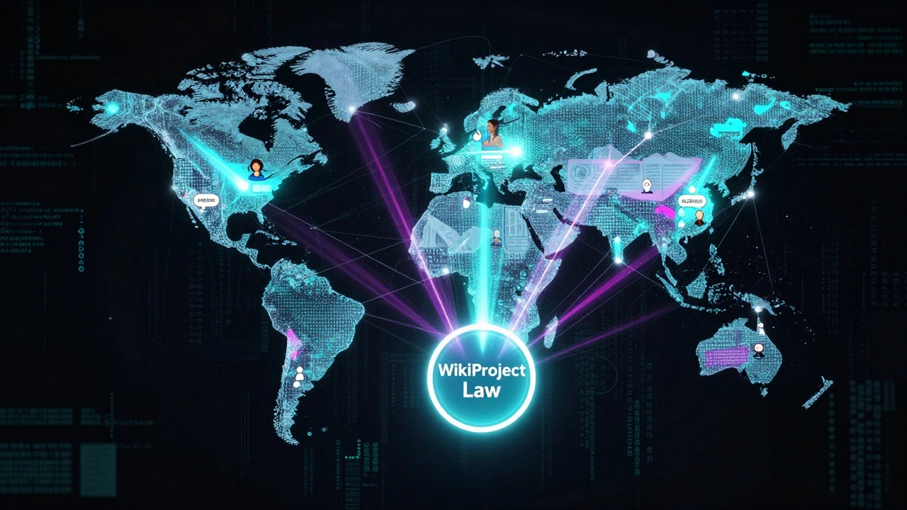 Digital network showing community editors collaborating on legal articles