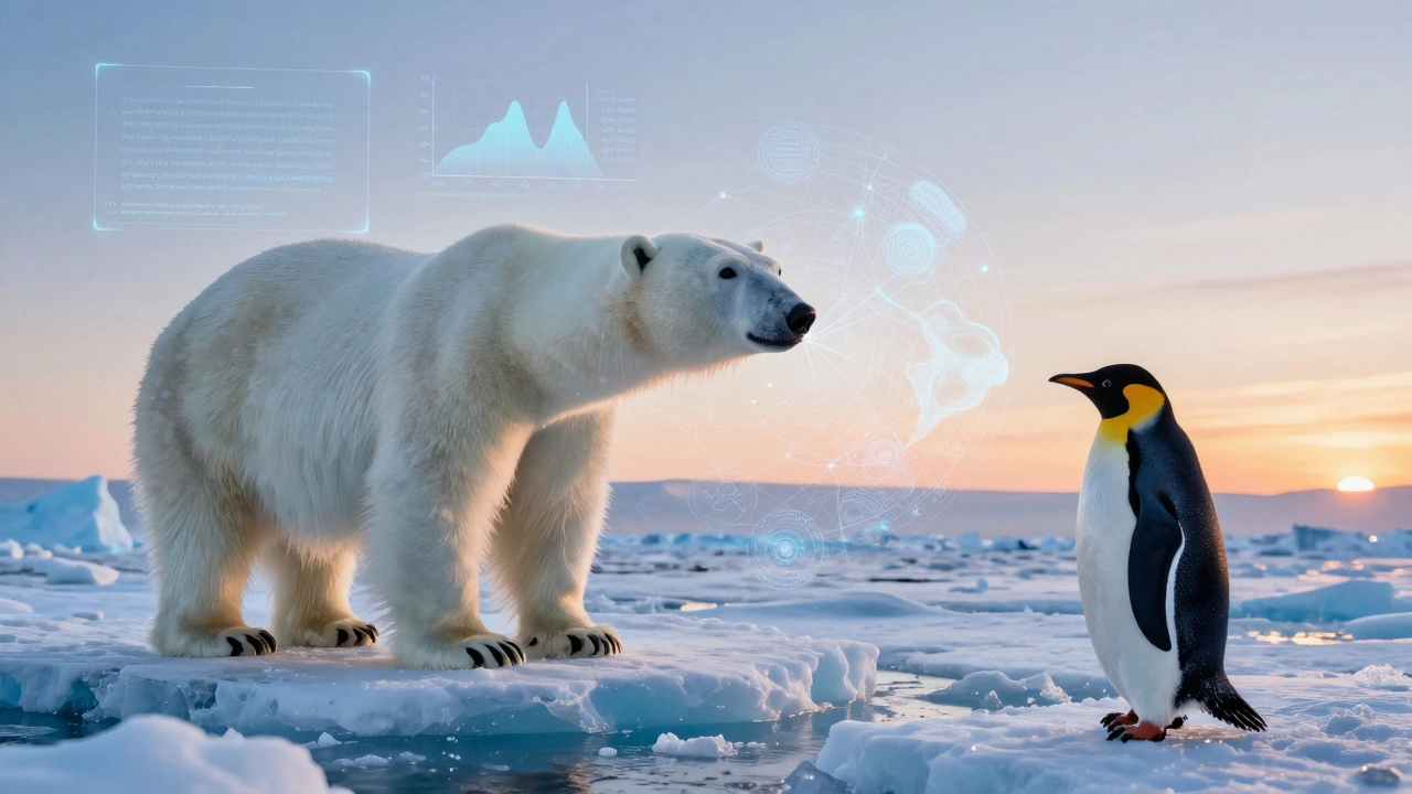 Digital overlay connecting polar bear and penguin habitats to show AI reasoning