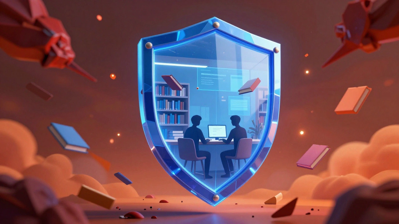 Digital shield protecting a calm library from chaotic red storm clouds