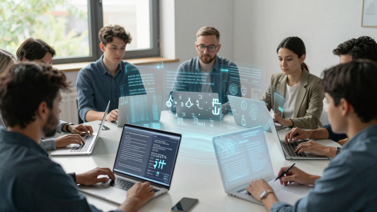 Diverse editors collaborating on holographic interfaces for inclusive encyclopedias