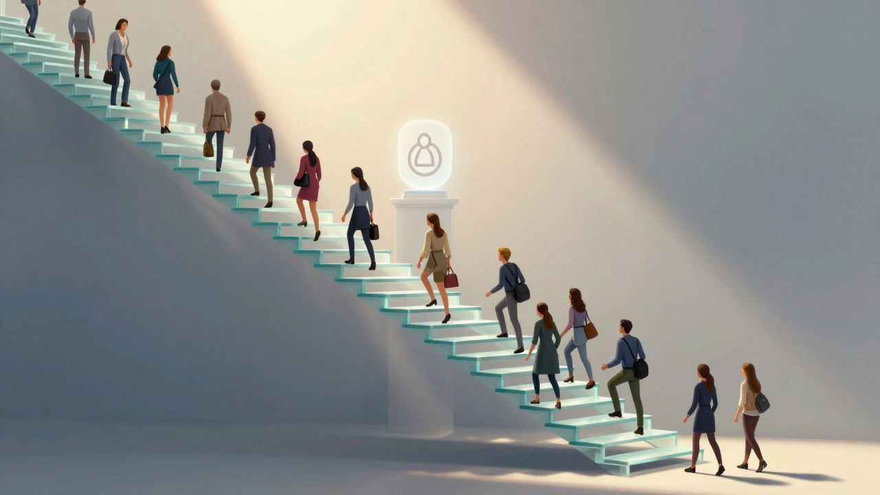 Diverse figures climbing a difficult staircase toward admin status