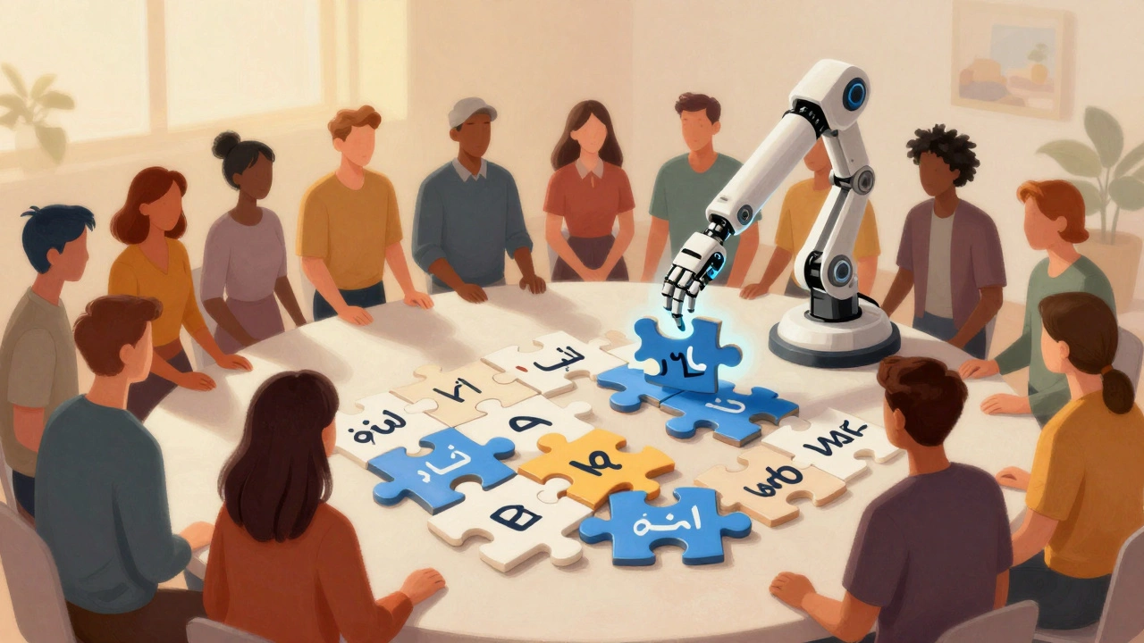 Diverse group collaborating on knowledge puzzle with AI assistance