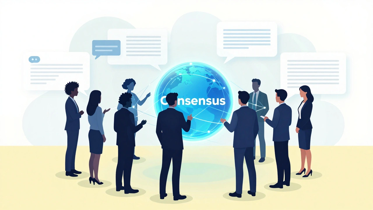 Diverse group of editors collaborating around a glowing consensus network illustration