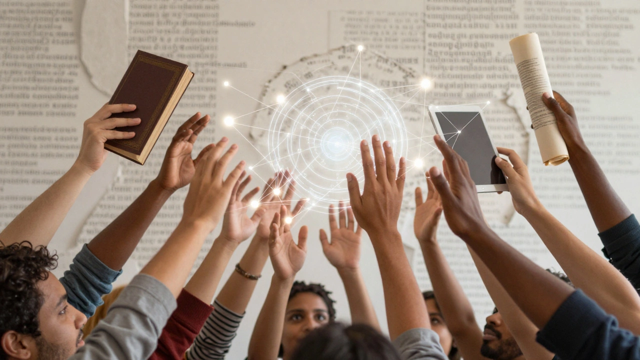Diverse hands connecting via light webs, symbolizing collaborative global editing efforts
