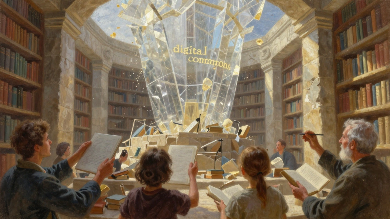 Diverse hands rebuilding a stone library under a glowing crystalline digital structure
