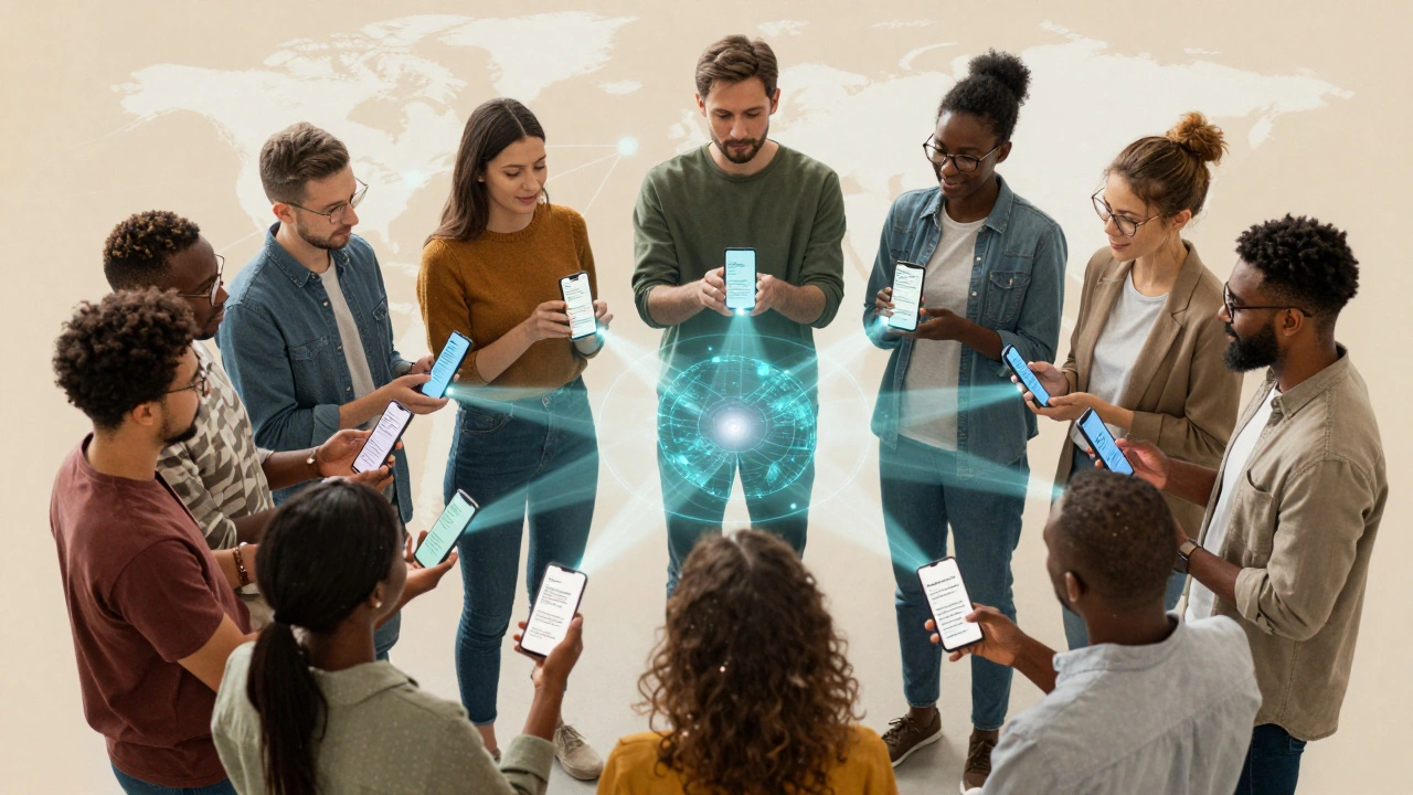 Diverse people connected by light beams holding open-source devices