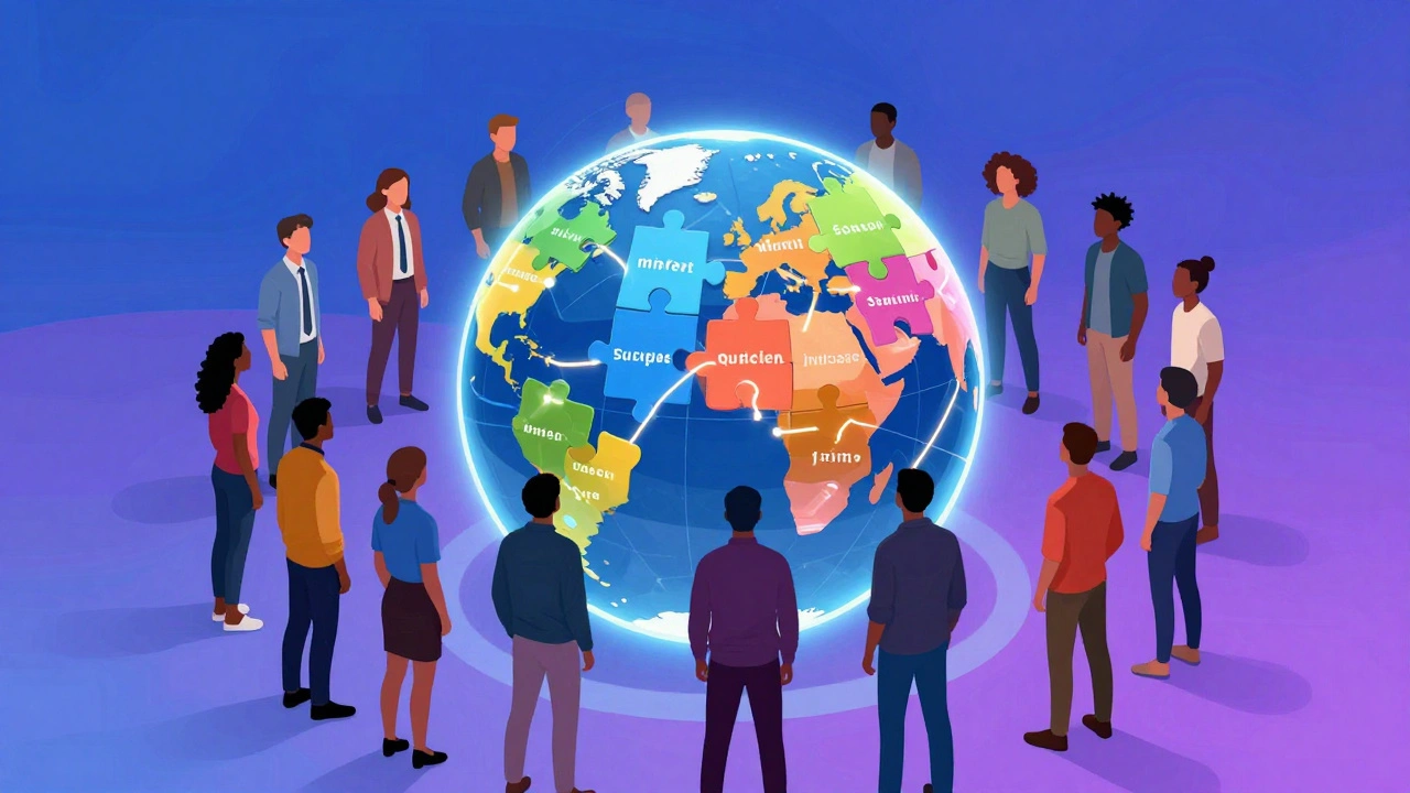 Diverse silhouettes surrounding a colorful globe made of interconnected language puzzle pieces.
