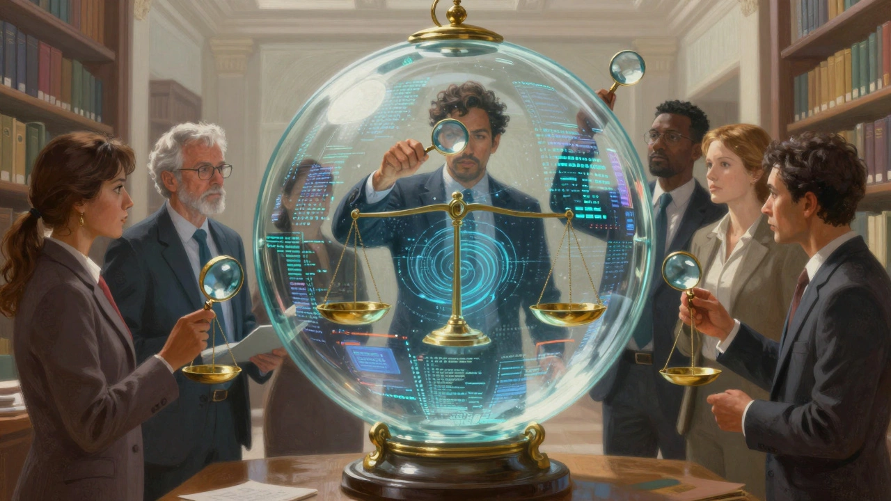 Diverse team auditing AI data sphere with scales and magnifying glasses