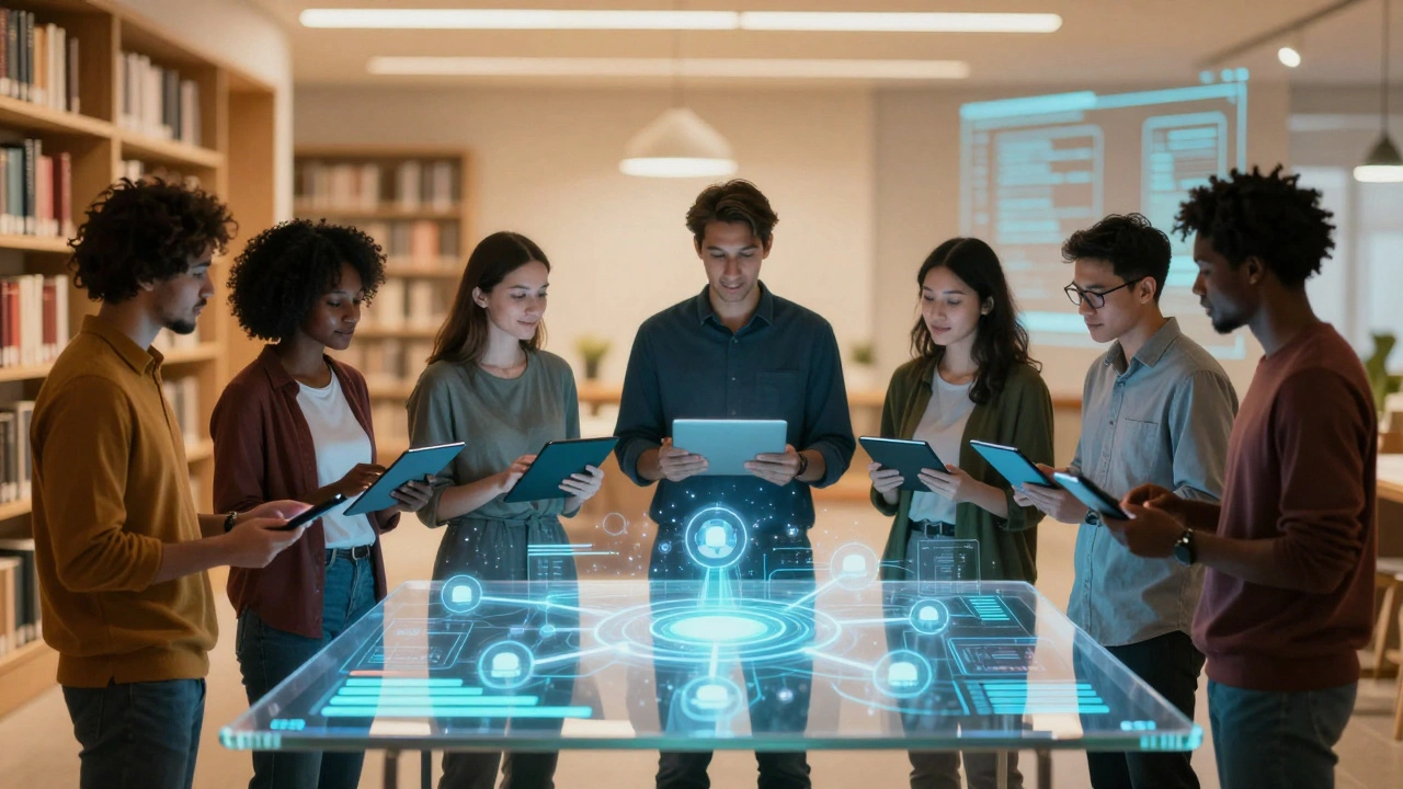 Diverse volunteers collaborating around a holographic progress dashboard