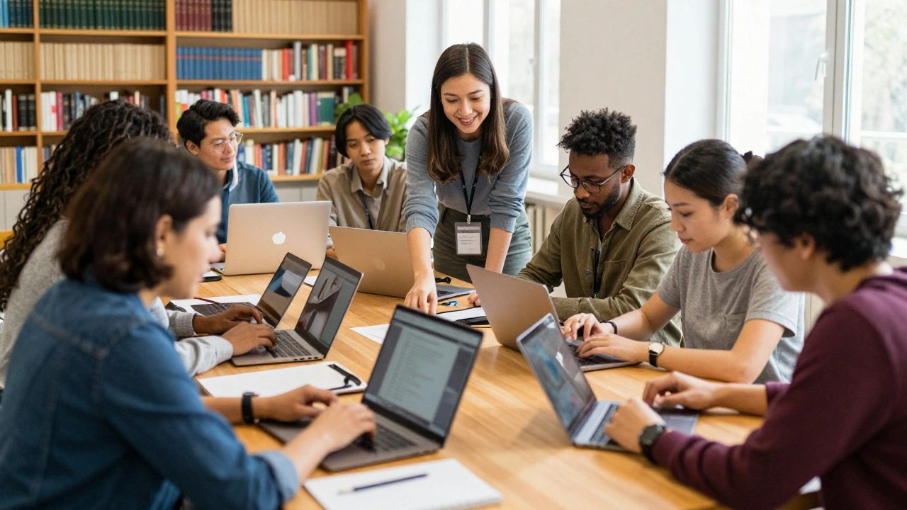 Diverse volunteers collaborating at a table during a Wikipedia editing workshop in a library.