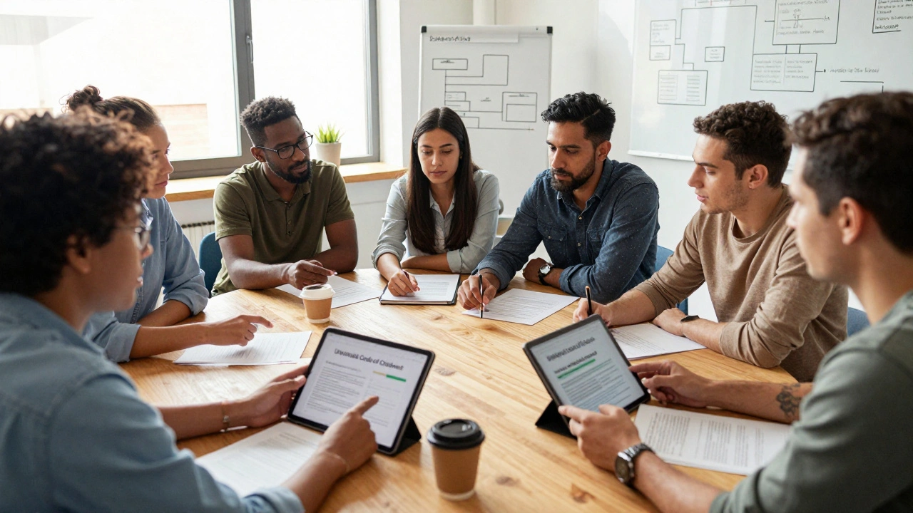Diverse volunteers discussing policy updates around a table in a bright office