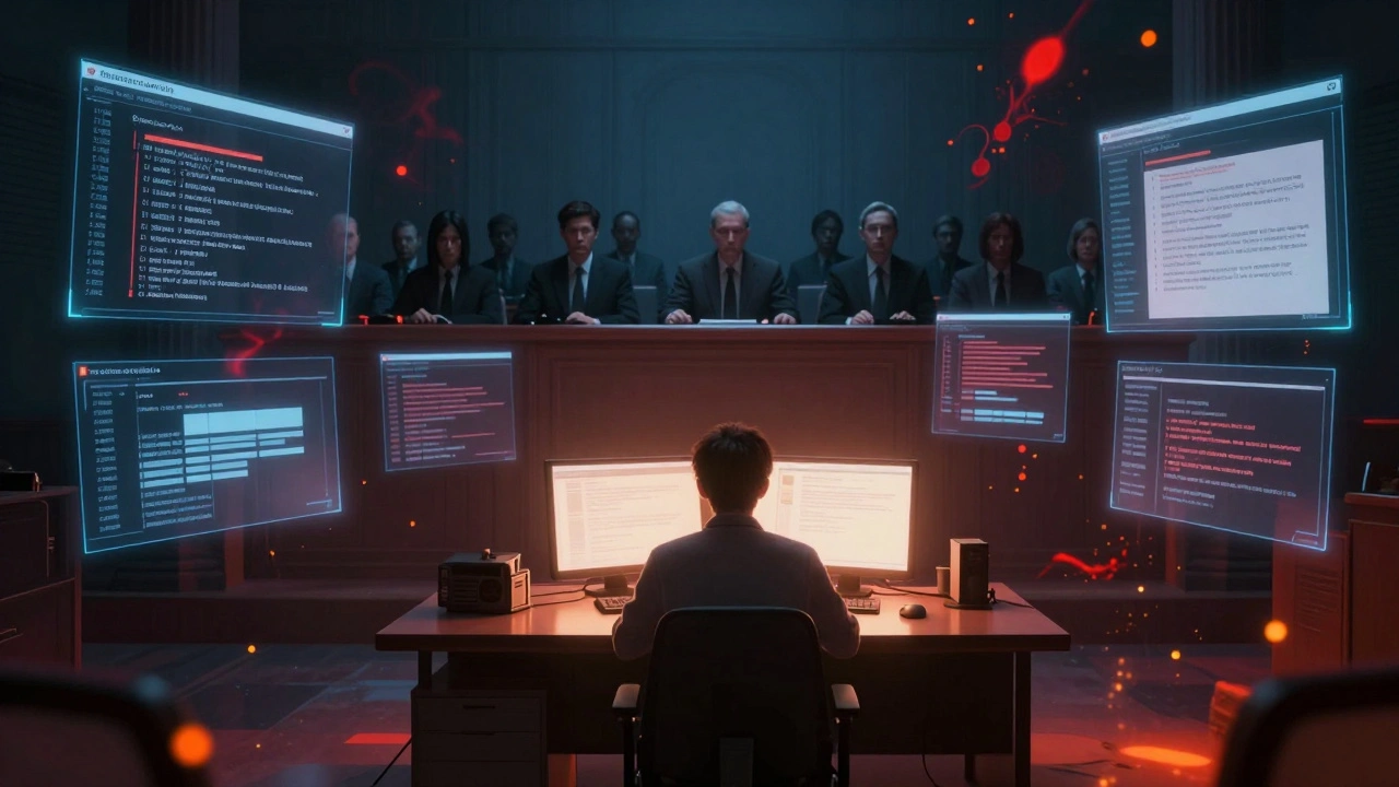 Editor submitting a case to the shadowy Arbitration Committee in a tense setting.