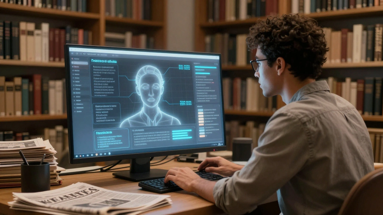Editor using AI assistance tools while referencing local archives in a library