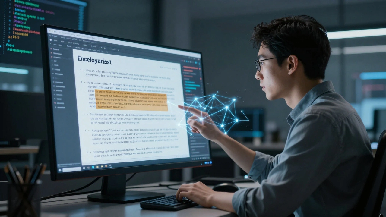 Editor using AI tool to verify claims in a digital encyclopedia interface
