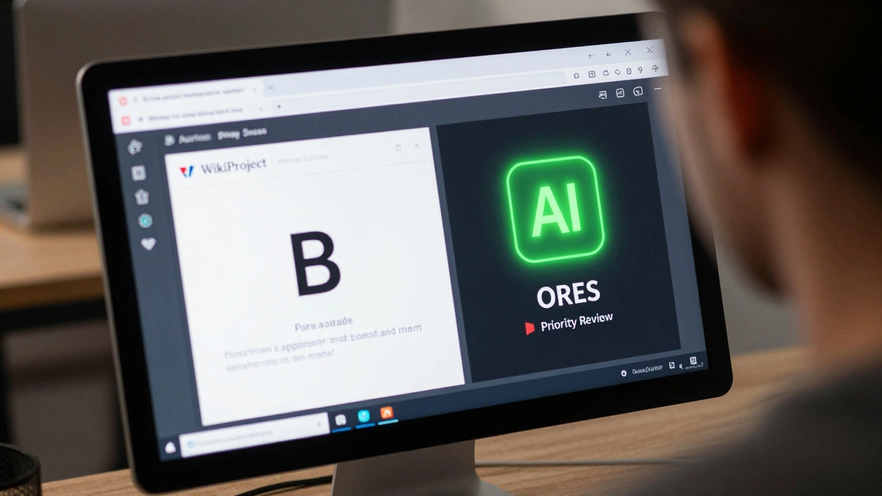 Editor viewing Wikipedia dashboard with AI and human quality scores compared
