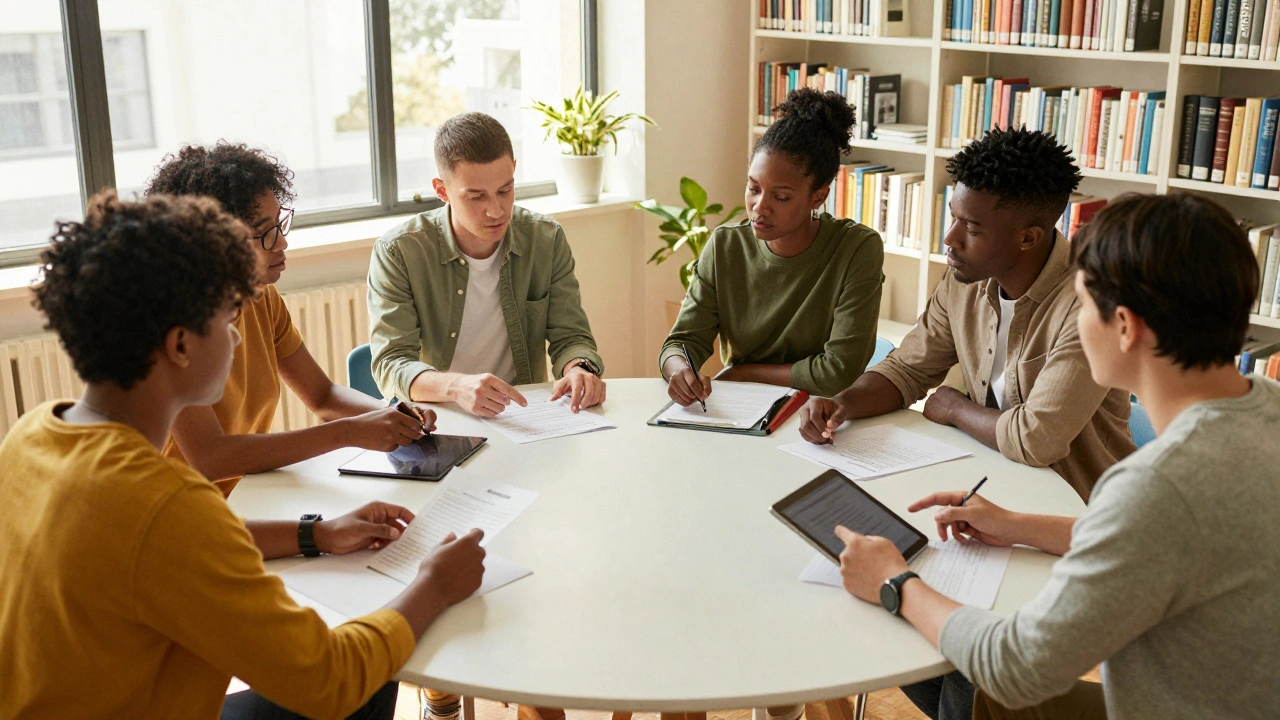 Editors collaborating around a table to discuss and resolve content disputes fairly.