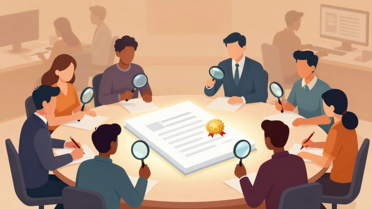 Editors collaboratively reviewing and refining a glowing document on a round table.