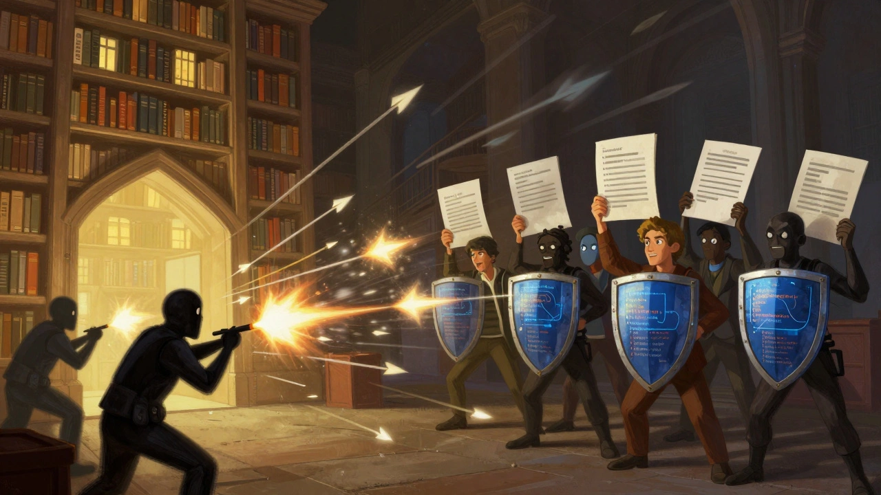 Editors defending a library structure against automated spam bot attacks.