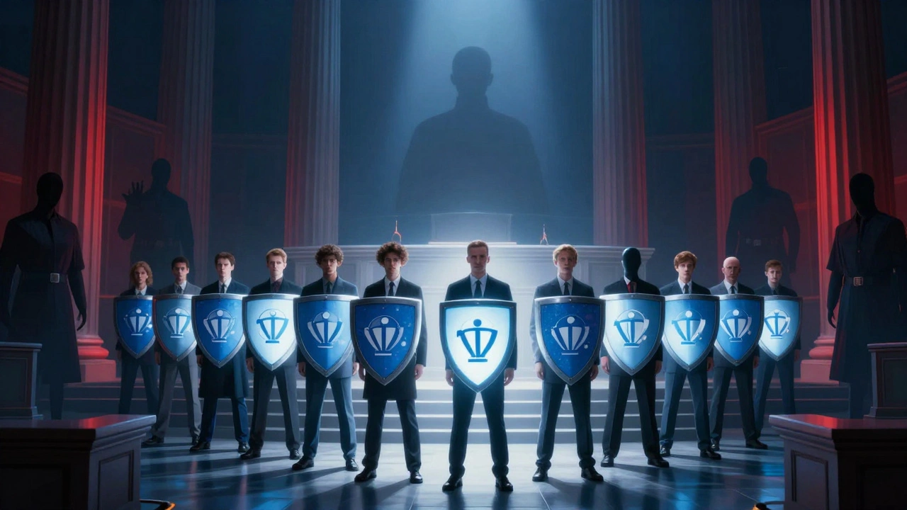 Editors holding glowing shields against shadowy censorship figures.